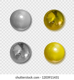 Vector Realistic Golden and Silver Pin Buttons with Shadows on Transparent Background, Clipart Metallic Balls.