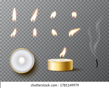 Vector realista vela de té dorado con fuego y fuego de velas aislado en fondo transparente