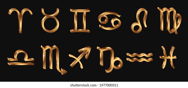 Vector realistic golden Zodiac signs. 3d Horoscope symbols. Shining gold zodiacal icons.