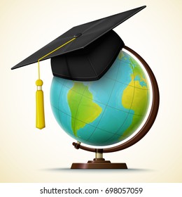 Vector realistic graduation cap hang on the globe 