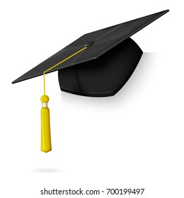 Vector realistic graduation cap hang on the corner of paper, wall, frame, board etc. Isolated on white background.