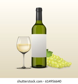 Vector realistic grapes brunch, wine glass and bottle of white wine illustartion. Design template in EPS10.