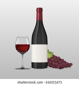 Vector realistic grapes brunch, wine glass and bottle of red wine illustartion. Design template in EPS10.