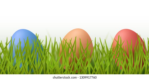Vector realistic grass seamless border with painted easter eggs isolated on white background