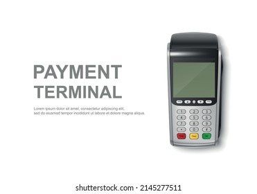 Vector Realistic Gray Silver 3d Payment Machine. POS Terminal Closeup Isolated on White Background. Design Template of Bank Payment Wireless Contactless Terminal, Mockup. Payments device. Top View