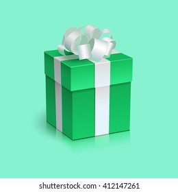 Vector Realistic Green Gift Box with White Ribbon and Bow. Digital Illustration for Holiday Design. 