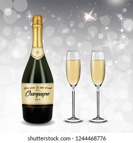 Vector Realistic green with gold label Champagne bottle and glasses with sparkling white wine isolated on white shine background. Happy new year and mary christmas illustration 2019