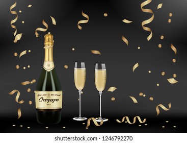 Vector Realistic green with gold label Champagne bottle, glasses with sparkling white wine on black shine background with confetti and sparkles. Happy new year and mary christmas illustration 2019