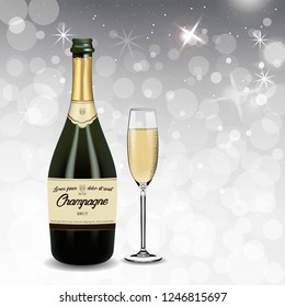 Vector Realistic green with gold label Champagne bottle and glasses with sparkling white wine isolated on white shine background. Happy new year and mary christmas illustration 2019