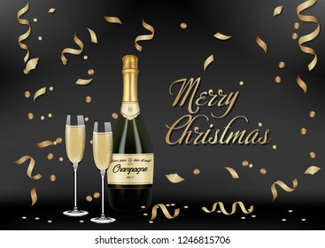 Vector Realistic green with gold label Champagne bottle, glasses with sparkling white wine on black shine background with confetti and sparkles. Happy new year and mary christmas illustration 2019