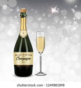 Vector Realistic green with gold label Champagne bottle and glasses with sparkling white wine isolated on white shine background. Happy new year and mary christmas illustration 2019
