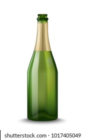 Vector Realistic green with gold open Champagne bottle isolated on white background. Mockup template blank for product packing advertisement.