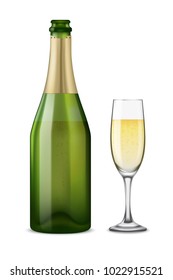 Vector Realistic Green With Gold Open Champagne Bottle And Glasses With Sparkling White Wine Isolated On White Background.