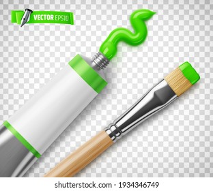 Vector realistic green paint tube and paintbrush on transparent background