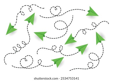 Vector Realistic Green Paper Planes Collection. Paper Plane Icon Set. Heart Shaped Flying Paper Plane with Dotted Air Route. Green Paper Planes with Dotted Route Line