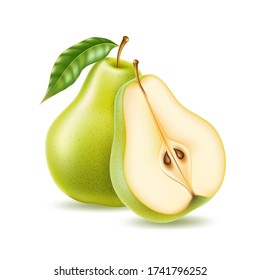 Vector realista de pera verde entera y media para alimentos orgánicos, diseño de productos de bebida. fruta fresca dulce llena de vitaminas para una alimentación saludable, dieta. Producto natural, postre maduro.
