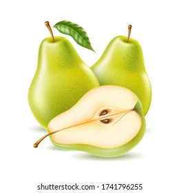 Vector realistic green pear whole and half for organic food, drink product design. Fresh sweet fruit full of vitamins for healthy eating, diet. Natural product, fruity ripe dessert.