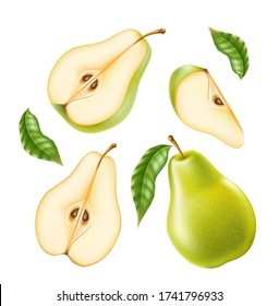 Vector realistic green pear whole and half for organic food, drink product design set. Fresh sweet fruit full of vitamins for healthy eating, diet. Natural product, fruity ripe dessert.