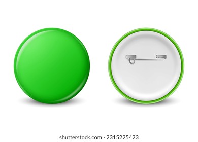 Vector Realistic Green Round Blank Empty Button Badge Set Closeup Isolated on White Background, Front, Back View. Button Pin Badge Design Template. Brooch Pin for Branding, Mockup