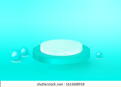 Vector realistic green round podium with reflections, showcase for your products on turquoise background.