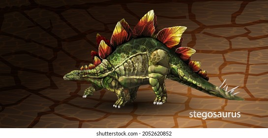 dinosaurio de estegosaurio de piel verde vectorial realista con imágenes prediseñadas de la pierna. Ilustración vectorial con gradientes simples. Ilustración vectorial de un estegosaurio prehistórico