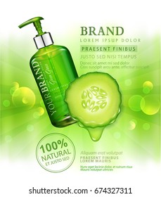 Vector realistic, green,transparent bottles 3d with soap pump on a Juicy cucumber background and sun rays.Cosmetic vial wish shampoo,gel.Elements,template for cosmetic business, advertising, promotion