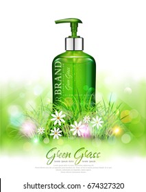 Vector realistic, green,transparent bottles 3d with soap pump on green grass background and sun rays.Cosmetic vial wish herbal shampoo,gel.Elements,template for cosmetic business,advertising,promotion