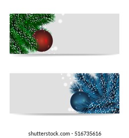 Vector realistic greeting cards and flyers with Christmas tree branches and balls. Concept of Happy New Year and winter holidays. 