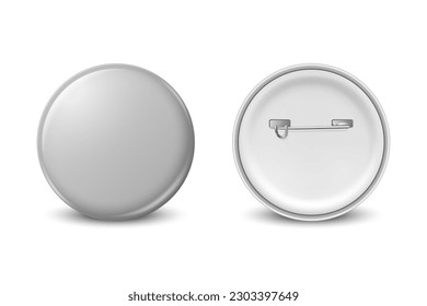 Vector Realista Gris Ronda Blank Botón Vacío Set Closeup Aislado en Fondo Blanco, Frente, Vista Atrás. Plantilla de diseño de distintivos de anclaje de botón. Brooch Pin para Branding, Mockup