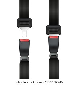 Vector realistic group of open and closed seat belt isolated on white background - safe transportation 