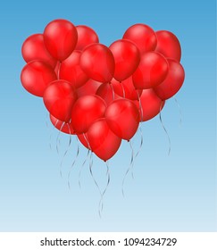 Vector realistic group of red shiny balloons in shape of heart flying on blue sky