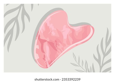 Herramienta de Masaje Scraping de Vector Realista Gua Sha Jade. Carrera de piedra natural rosa rosa de cuarzo. Levantamiento facial antiedad para la mujer. Levantamiento facial tradicional chino. Belleza y producto de cuidado facial. 
