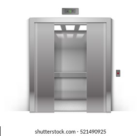 Vector Realistic Half-Open Chrome Metal Office Building Elevator Isolated on Background