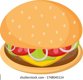 Vector Realistic Hamburger. Classic American Cheeseburger with Lettuce Tomato Onion Cheese and  Meat. Fast Food. Icon Hamburger. Isolated on white background 