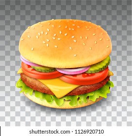 Vector Realistic Hamburger Classic Burger American Cheeseburger with Lettuce Tomato Onion Cheese Beef and Sauce Close up isolated on white Background. Fast Food
