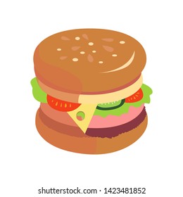 Vector Realistic Hamburger Classic Burger American Cheeseburger with Lettuce Tomato Onion Cheese Beef and Sauce Close up isolated on white Background. Fast Food
