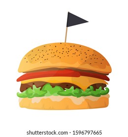 Vector Realistic Hamburger Classic Burger American Cheeseburger with Lettuce Tomato Onion Cheese Beef and Sauce Close up isolated on white Background. Fast Food