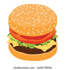 Vector Realistic Hamburger Classic Burger American Cheeseburger with Lettuce Tomato Onion Cheese Beef and Sauce Close up isolated on white Background. Fast Food