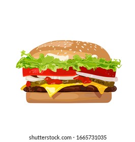 Vector Realista Hamburger Classic Burger Americana Cheeseburger con Carne de queso y salsa de tomate lechuga se acercan aislado en fondo blanco. Comida rápida al estilo de las caricaturas.