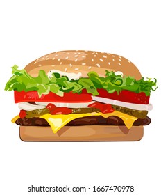 Vector Realistic Hamburger Classic Burger American Cheeseburger with Lettuce Tomato Onion Cheese Beef and Sauce Close up isolated on white Background. Fast Food in cartoon style.