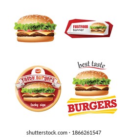 Vector Realistic Hamburger Classic Burger American Cheeseburger with Lettuce Tomato Onion Cheese Beef and Sauce Close up isolated on white Background. Fast Food