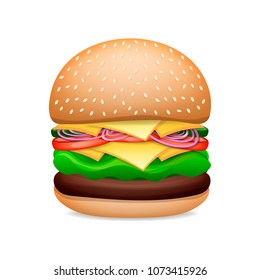 Vector Realistic Hamburger. Classic Cheeseburger with Lettuce Tomato Onion Cheese isolated on white Background. Fast Food