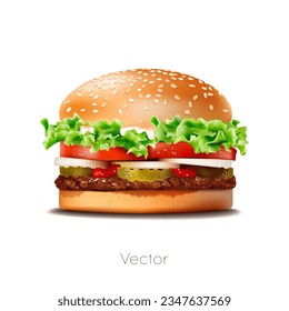 Vector realistic hamburger illustration Classic hamburger American cheeseburger with lettuce, Tomato, Onion, Cheese, Beef and sauce. Close-up isolated on white background. Fast food