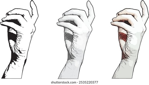 Vector realistic hand comic style outline clip art body parts hand isolated set color illustration flat style black and white line drawing sketch bent fingers holding object female graceful hand ink