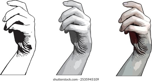 Vector realistic hand comic style outline clip art body parts hand isolated set color illustration flat style black and white line drawing sketch bent fingers holding object female graceful hand ink