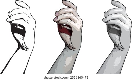 Vector realistic hand comic style outline clip art body parts hand isolated set color illustration flat style black and white line drawing sketch bent fingers holding object female graceful hand ink