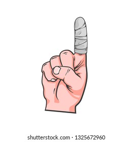 Vector realistic hand drawn bandage finger. human hand, vector illustration isolated on white background