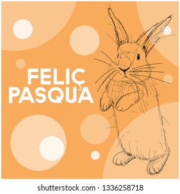 Vector realistic hand drawn bunny with lettering Feliç Pasqua - Happy Easter written in Catalan, on yellow background. Flat vector illustration for cards, Easter design and decoration, posters, web.