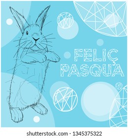 Vector realistic hand drawn bunny with lettering Feliç Pasqua -Happy Easter written in Catalan, on pale blue background. Flat vector illustration for Easter design and decoration, cards, posters, web.