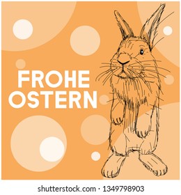 Vector realistic hand drawn bunny with lettering Frohe Ostern - Happy Easter, written in German, on yellow background. Flat vector illustration for cards, Easter design and decoration, posters, web.